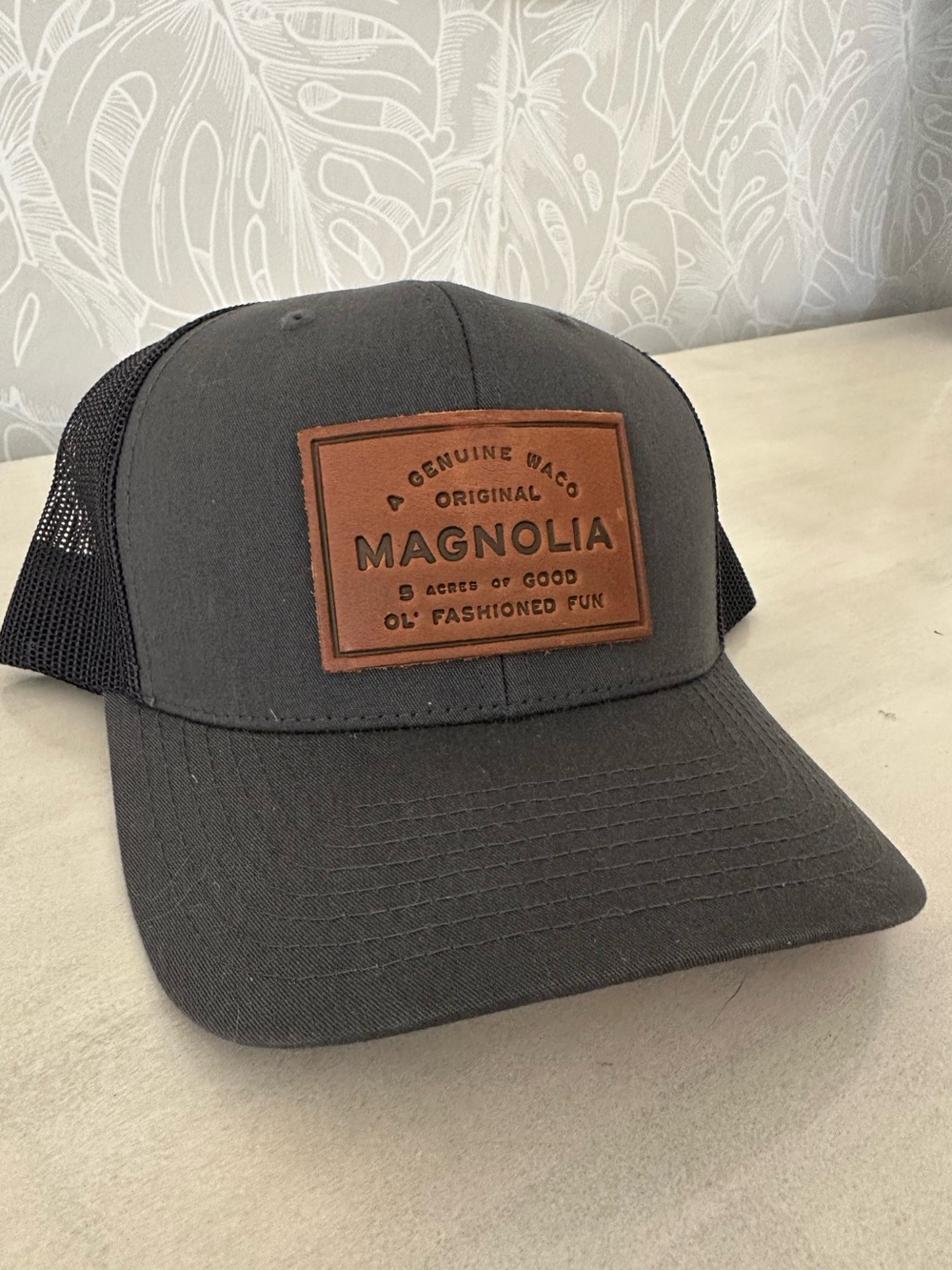 Magnolia Men's Charcoal and Leather Brown Patch Trucker Hat